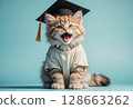 Fluffy cat student celebrating school graduation moment 128663262