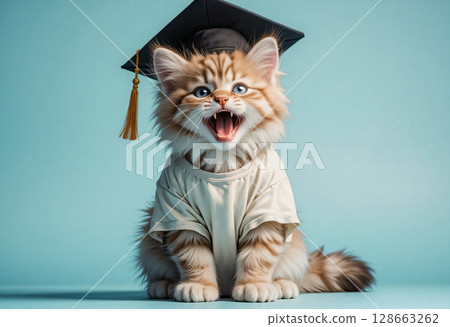 Fluffy cat student celebrating school graduation moment Fluffy cat student celebrating school graduation moment 128663262