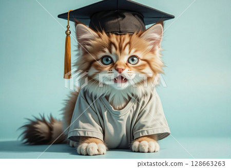 Cute kitten wearing graduation cap on blue background Cute kitten wearing graduation cap on blue background 128663263