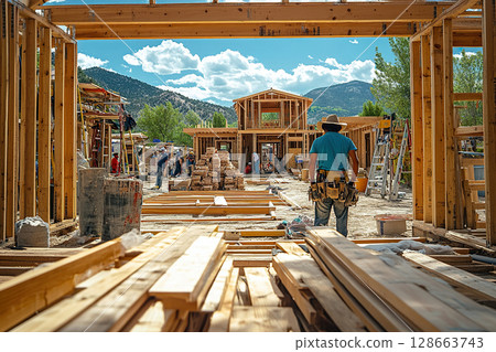 Builders assemble a wooden structure in a mountainous area using scaffolding and ladders against a backdrop of slopes under a cloudy sky. Generated by artificial intelligence 128663743