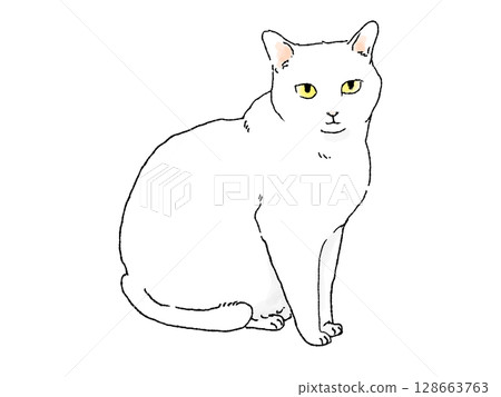 Hand-drawn style white cat sitting facing forward Hand-drawn style white cat sitting facing forward 128663763