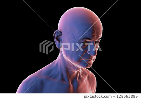 Elderly man's head and neck silhouette, front-side view, showing age-related features, jawline, and neck contours, 3D illustration 128663889