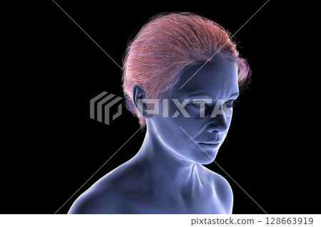 Middle-aged woman looking away from the camera, with realistic facial features, and natural expression, 3D illustration Middle-aged woman looking away from the camera, with realistic facial features, and natural expression, 3D illustration 128663919