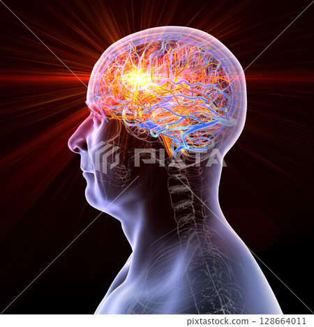 Brain stroke, 3D conceptual illustration showing human brain with highlighted vessels and light flash indicating sudden vascular event or occlusion. 128664011