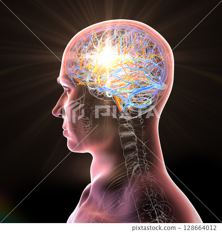 Brain stroke, 3D conceptual illustration showing human brain with highlighted vessels and light flash indicating sudden vascular event or occlusion. 128664012