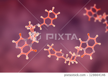 Gepotidacin molecule, 3D illustration. New-generation antibiotic targeting bacterial DNA replication. Effective against resistant pathogens like Neisseria gonorrhoeae and E. coli. Gepotidacin molecule, 3D illustration. New-generation antibiotic targeting bacterial DNA replication. Effective against resistant pathogens like Neisseria gonorrhoeae and E. coli. 128664146
