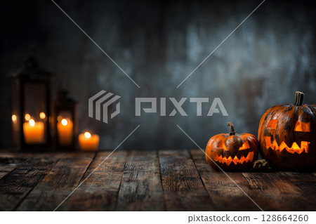 Warm Halloween scene with pumpkins and candles on table, blurred background for easy overlay of text or graphics. 128664260