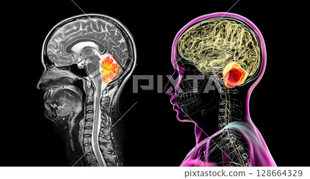 Cerebellum, 3D illustration and colored MRI composite showing brain anatomy with highlighted cerebellum, important for coordination, balance, and motor control. Cerebellum, 3D illustration and colored MRI composite showing brain anatomy with highlighted cerebellum, important for coordination, balance, and motor control. 128664329