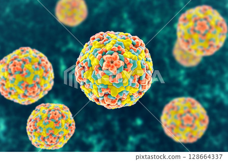 Enteroviruses, 3D illustration showing spherical, non-enveloped RNA viruses responsible for diseases like meningitis, myocarditis, hand-foot-mouth disease. Enteroviruses, 3D illustration showing spherical, non-enveloped RNA viruses responsible for diseases like meningitis, myocarditis, hand-foot-mouth disease. 128664337