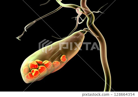 Gallbladder with stones, 3D illustration showing cholelithiasis. Gallstones can block bile flow and cause pain, inflammation, or infection requiring medical or surgical treatment. Gallbladder with stones, 3D illustration showing cholelithiasis. Gallstones can block bile flow and cause pain, inflammation, or infection requiring medical or surgical treatment. 128664354