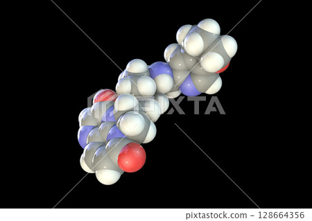 Gepotidacin molecule, 3D illustration. New-generation antibiotic targeting bacterial DNA replication. Effective against resistant pathogens like Neisseria gonorrhoeae and E. coli. Gepotidacin molecule, 3D illustration. New-generation antibiotic targeting bacterial DNA replication. Effective against resistant pathogens like Neisseria gonorrhoeae and E. coli. 128664356