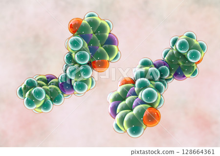 Gepotidacin molecule, 3D illustration. New-generation antibiotic targeting bacterial DNA replication. Effective against resistant pathogens like Neisseria gonorrhoeae and E. coli. Gepotidacin molecule, 3D illustration. New-generation antibiotic targeting bacterial DNA replication. Effective against resistant pathogens like Neisseria gonorrhoeae and E. coli. 128664361