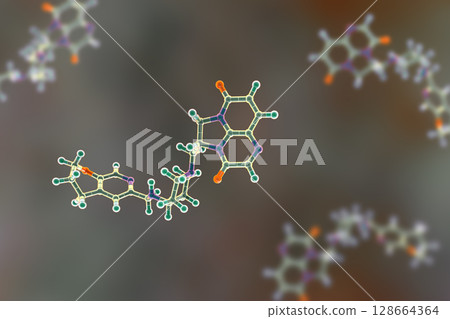 Gepotidacin molecule, 3D illustration. New-generation antibiotic targeting bacterial DNA replication. Effective against resistant pathogens like Neisseria gonorrhoeae and E. coli. 128664364