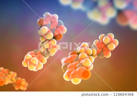 Gepotidacin molecule, 3D illustration. New-generation antibiotic targeting bacterial DNA replication. Effective against resistant pathogens like Neisseria gonorrhoeae and E. coli. 128664366