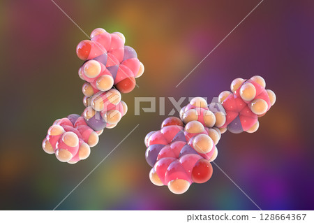 Gepotidacin molecule, 3D illustration. New-generation antibiotic targeting bacterial DNA replication. Effective against resistant pathogens like Neisseria gonorrhoeae and E. coli. 128664367