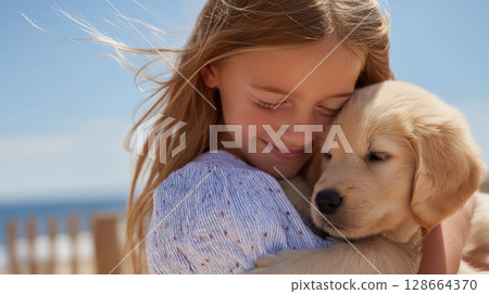 Girl hugging golden retriever puppy on a sunny beach, sharing a tender moment Girl hugging golden retriever puppy on a sunny beach, sharing a tender moment 128664370
