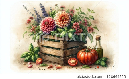 Rustic Garden Flowers, Basil, and Tomato Still Life Art Rustic Garden Flowers, Basil, and Tomato Still Life Art 128664523