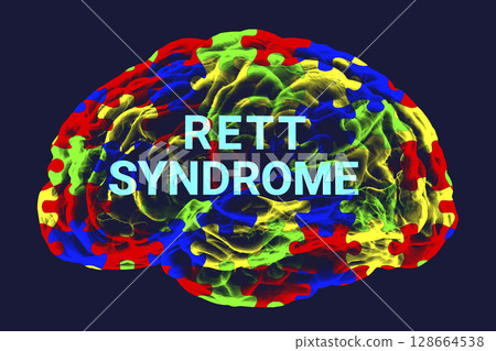 A conceptual 3D illustration featuring the text Rett syndrome inside the anatomical model of a human brain with a colorful puzzle pattern on its surface A conceptual 3D illustration featuring the text Rett syndrome inside the anatomical model of a human brain with a colorful puzzle pattern on its surface 128664538