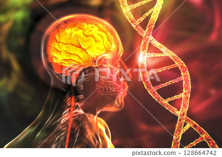 Genetic brain disorders, conceptual 3D illustration. Mutations in the DNA leading to brain diseases. Neurodegenerative disorders 128664742
