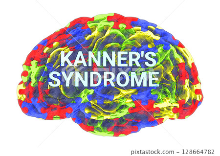 A conceptual 3D illustration featuring the text Kanner's syndrome inside the anatomical model of a human brain with a colorful puzzle pattern on its surface A conceptual 3D illustration featuring the text Kanner's syndrome inside the anatomical model of a human brain with a colorful puzzle pattern on its surface 128664782