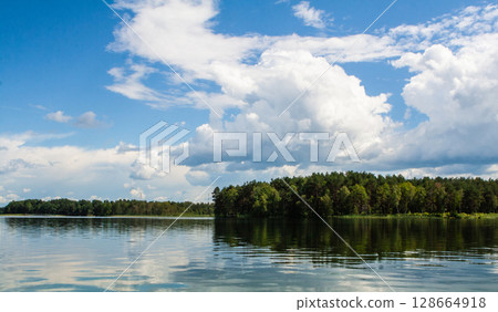 beautiful lake landscape with blue sky and clouds and a row of trees on the horizon 128664918