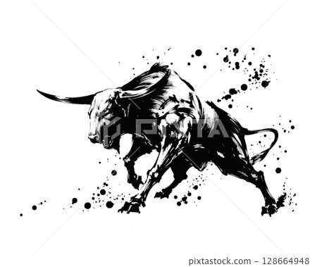 Vector illustration of a cow running sideways in ink painting style 128664948