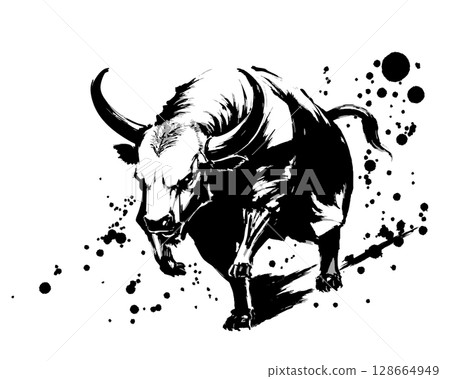 A sumi-e style vector illustration of a cow with a sharp gaze 128664949