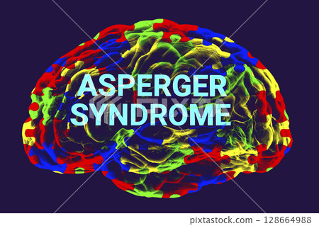 A conceptual 3D illustration featuring the text Asperger Syndrome inside the anatomical model of a human brain, highlighting the neurological basis of the condition 128664988