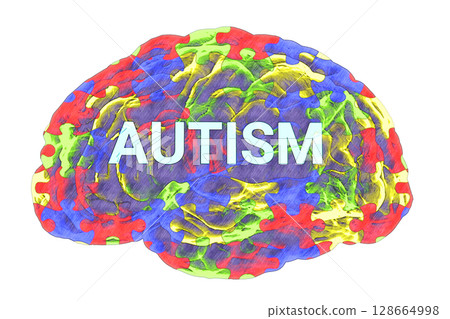 A conceptual 3D illustration featuring the text Autism inside the anatomical model of a human brain with a colorful puzzle pattern on its surface 128664998