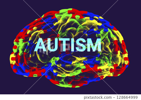 A conceptual 3D illustration featuring the text Autism inside the anatomical model of a human brain with a colorful puzzle pattern on its surface A conceptual 3D illustration featuring the text Autism inside the anatomical model of a human brain with a colorful puzzle pattern on its surface 128664999