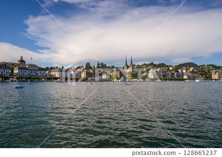 traveling by boat Lucern Lake, Switzerland viewon city traveling by boat Lucern Lake, Switzerland viewon city 128665237