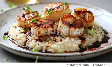 Clean shot of truffle risotto with seared scallops, microgreens, and balsamic glaze on white background Clean shot of truffle risotto with seared scallops, microgreens, and balsamic glaze on white background 128665388
