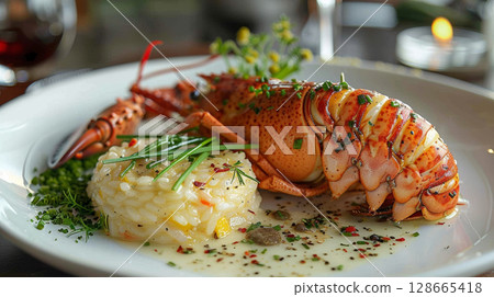 Elegant restaurant setting featuring Lobster Thermidor with Garlic and Shallot Confit, served with truffle risotto 128665418