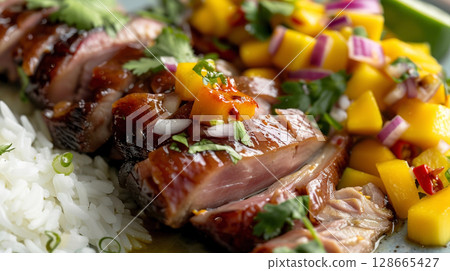 Close-up of Peking Duck with Mango Salsa, highlighting tender duck slices, vibrant salsa, and jasmine rice 128665427