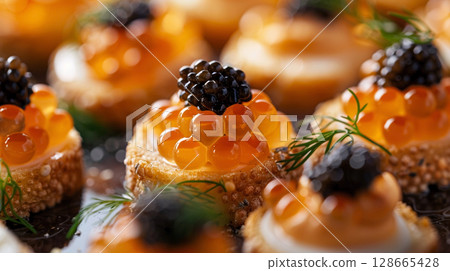 Close-up of Caviar with Quail Eggs, featuring halved quail eggs topped with luxurious caviar and garnished with dill Close-up of Caviar with Quail Eggs, featuring halved quail eggs topped with luxurious caviar and garnished with dill 128665428