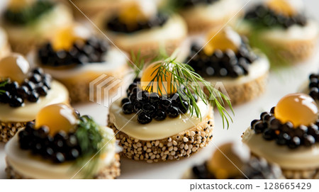 Close-up of Caviar with Quail Eggs, showcasing halved quail eggs topped with luxurious caviar and garnished with dill Close-up of Caviar with Quail Eggs, showcasing halved quail eggs topped with luxurious caviar and garnished with dill 128665429