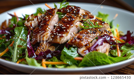 Peking Duck Salad: crispy skin on greens with hoisin vinaigrette, sesame seeds, and wonton strips 128665430