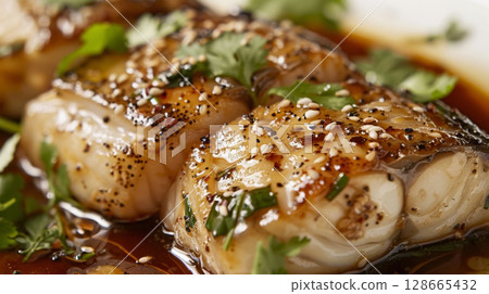 Ginger-Soy Turbot Meuniere: Tender turbot with ginger-soy marinade, served with ginger-soy sauce and fresh cilantro 128665432