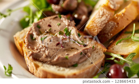 Classic Pate de Foie Gras: Smooth foie gras with cognac or Armagnac, served on toasted brioche or baguette with sweet fruit compote. 128665433