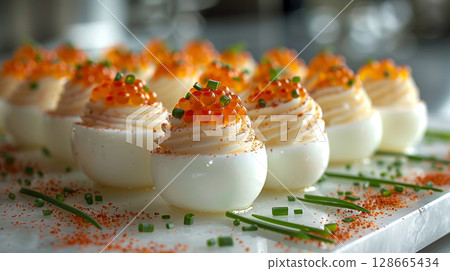 Caviar Deviled Eggs float elegantly, showcasing creamy yolk filling, caviar, chives, and paprika, emphasizing their luxurious and gourmet appeal. Caviar Deviled Eggs float elegantly, showcasing creamy yolk filling, caviar, chives, and paprika, emphasizing their luxurious and gourmet appeal. 128665434