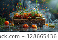 Smoked Pate de Foie Gras: Pate slice floating above dark rye bread, with pickled vegetables and microgreens suspended 128665436
