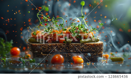 Smoked Pate de Foie Gras: Pate slice floating above dark rye bread, with pickled vegetables and microgreens suspended 128665436