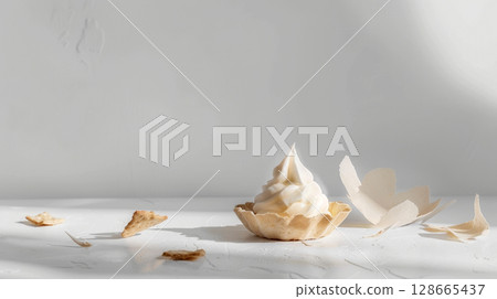 Foie Gras Mousse in pastry shell on white background with negative space, emphasizing texture and garnishes 128665437