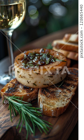 Foie gras with a glass ampoule of white wine and rosemary jelly served on a rustic wooden board, accompanied by a sprig of fresh rosemary and a small side of toasted brioche 128665440