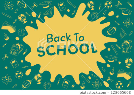 Back to school background theme stationery supplies elements green yellow vector illustration sale banner template 128665608