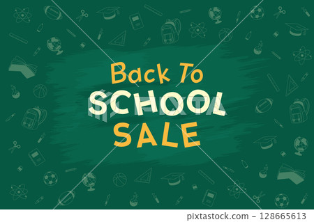 Back to school background theme stationery supplies elements green vector illustration sale banner template 128665613