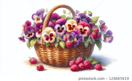 Basket of Colorful Pansies with Fresh Raspberries 128665619