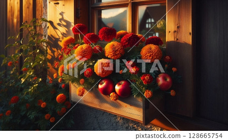 Rustic Window Box with Marigold Flowers and Red Apples 128665754