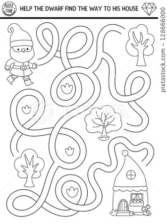Dwarf black and white maze for kids with cute elf, trees, home. Fairytale preschool printable activity. Woodland fantasy labyrinth game, coloring page or puzzle. Help gnome find way to his house Dwarf black and white maze for kids with cute elf, trees, home. Fairytale preschool printable activity. Woodland fantasy labyrinth game, coloring page or puzzle. Help gnome find way to his house 128666000