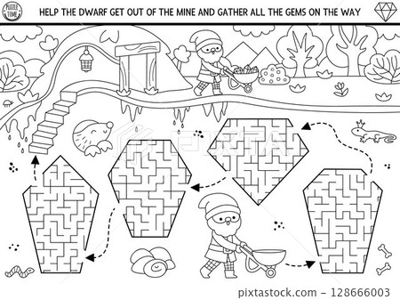 Dwarf black and white maze for kids with geometrical stones. Printable activity with underground landscape, gems. Magic labyrinth game, puzzle, coloring page. Help gnome get out of mine Dwarf black and white maze for kids with geometrical stones. Printable activity with underground landscape, gems. Magic labyrinth game, puzzle, coloring page. Help gnome get out of mine 128666003